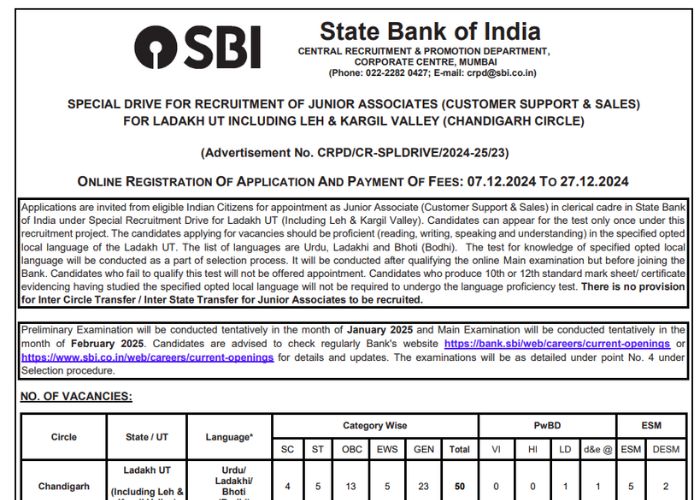 SBI Junior Associate Ladakh recruitment dates December 2024