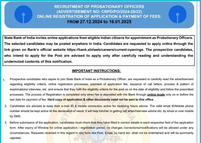 SBI Probationary Officers notification 2024-25