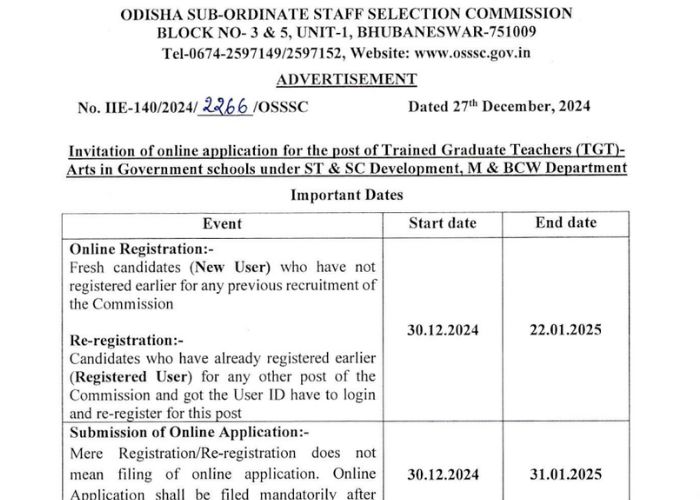 OSSSC TGT Arts Recruitment 2025