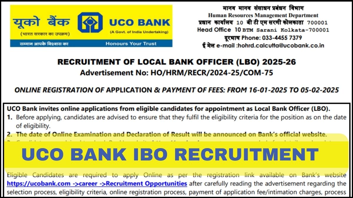 UCO Bank IBO Recruitment 2025 Notification