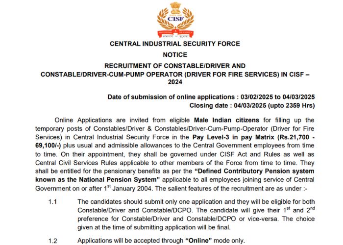 CISF Constable Driver Recruitment 2025