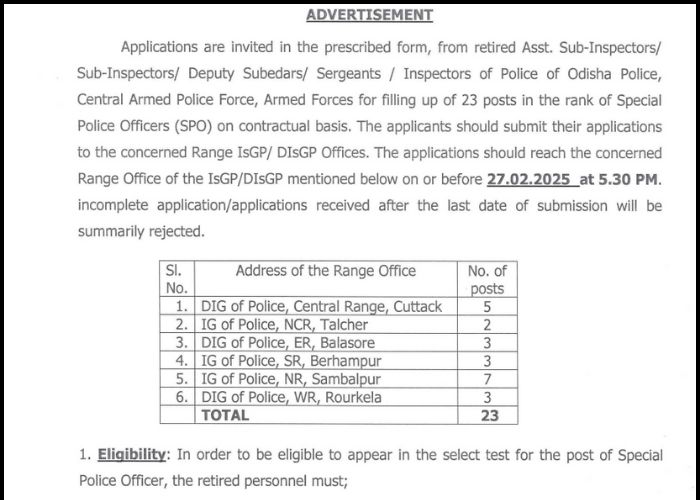 odisha police si job notification 2025