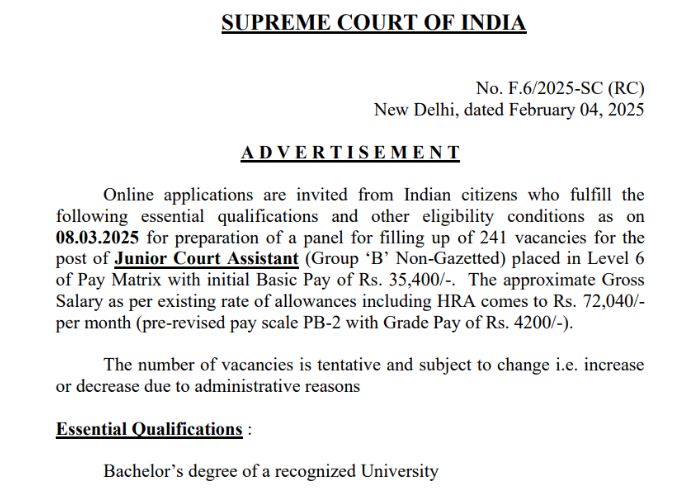 Supreme Court of India Junior Court Recruitment 2025