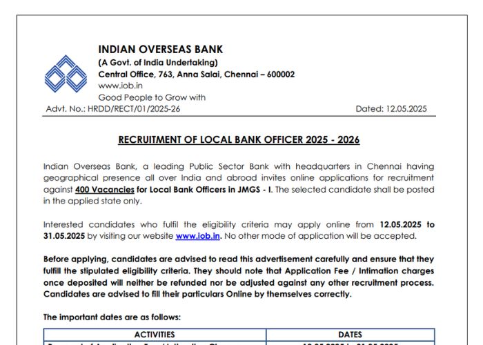 Indian Overseas Bank local bank officer recruitment