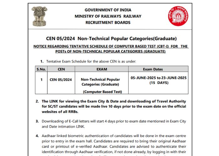 RRB NTPC Exam Date 2025 Released
