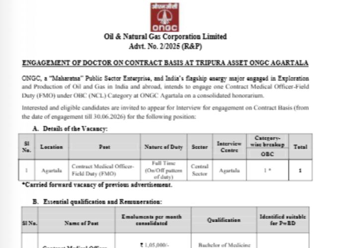 ONGC Agartala Contract Medical Officer Recruitment 2025